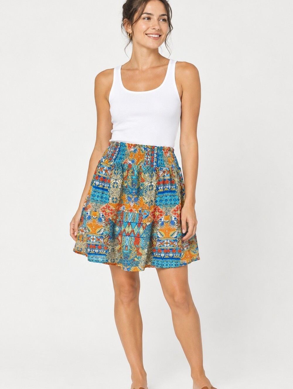 Rachel Zoe Boho Print Smocked High Waist Vicose Gauze Mini Skirt